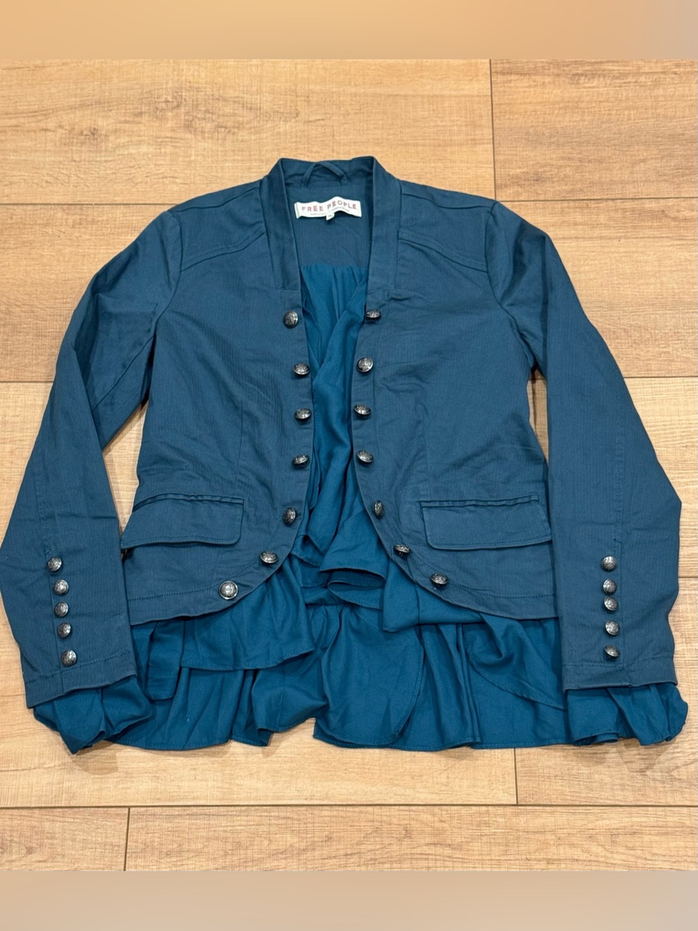 Free People Military Ruffle Peplum Jacket Teal Blue XS Double Breasted Blazer